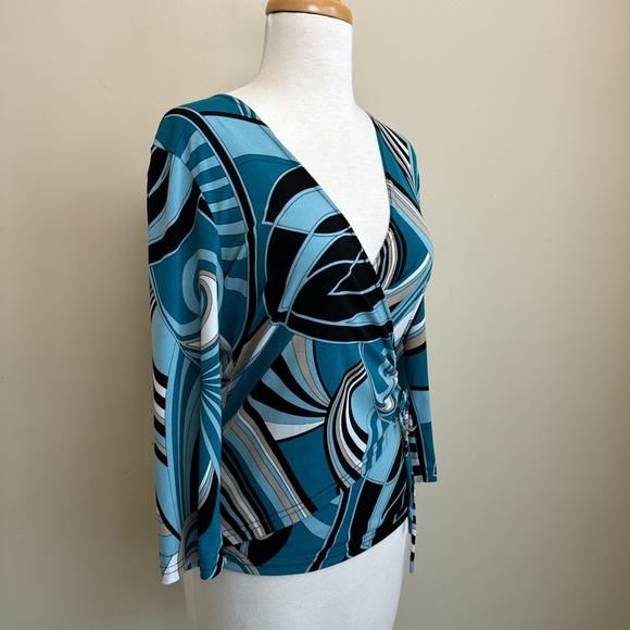 VINTAGE Y2K BLUE BLACK SWIRL PRINT WRAP TOP - Picture 2 of 7